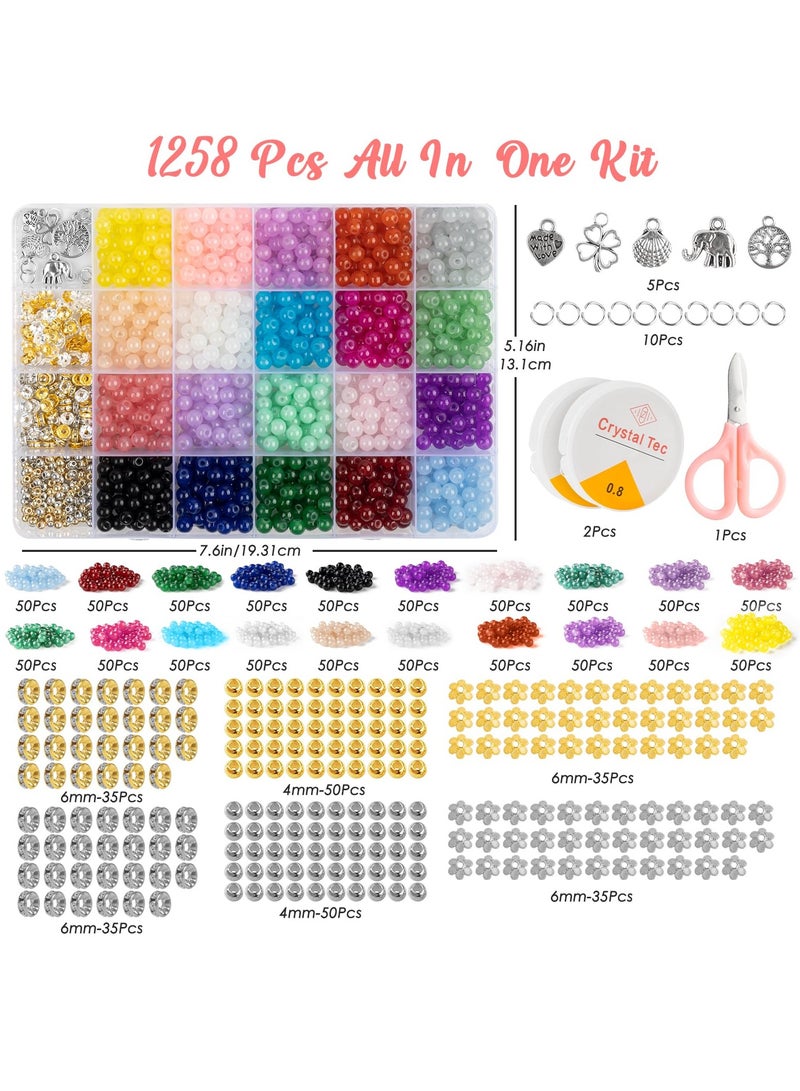 20 Colors Glass Pearl Beads for Jewelry Making 1258 Pcs 6mm with Elastic String Charms and Rings for DIY Crafts Necklaces Bracelets Earrings for All Ages - Image 2