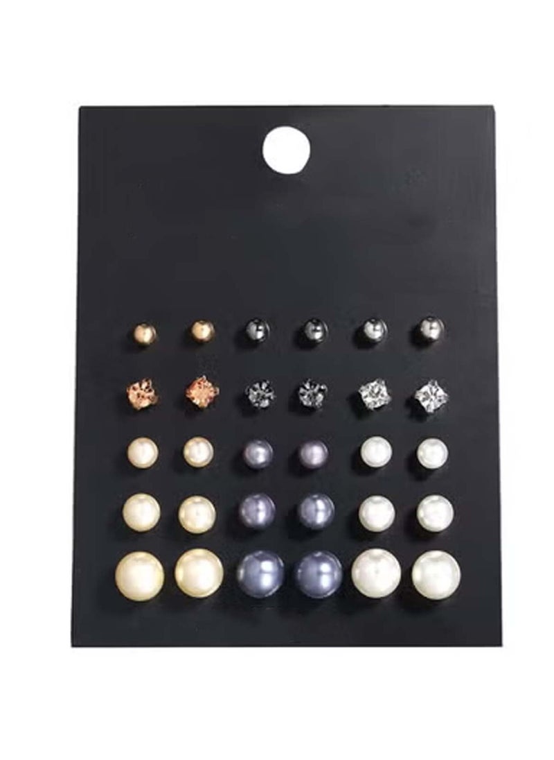 Huitich 15 Pairs Elegant Stud Earrings Set – Crystal, Bead & Alloy  - Image 1