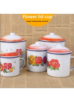 Enamel Cup Nostalgic Classic Large Iron Cup With Lid Old-fashioned Double Happiness Tea Tank Old Cadre Large Capacity Water Tea Wholesale-Color:White Flower Red Lid-Capacity:9cm500ml (random Pattern)