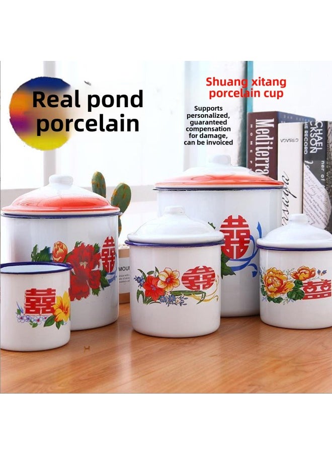 Generic - Enamel Cup Nostalgic Classic Large Iron Cup With Lid Old-fashioned Double Happiness Tea Tank Old Cadre Large Capacity Water Tea Wholesale-Color:White Flower Red Lid-Capacity:9cm500ml (random Pattern) - Image 1