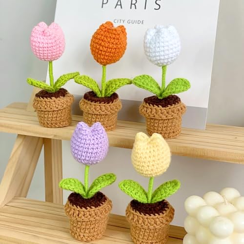 Lutoku Cute Knitted Flower Plant, Kawaii Handmade Crochet Flowers,Small Potted Artificial Flower Plants, Desk Home Car Dashboard Decorations (Rose-red) - Image 4