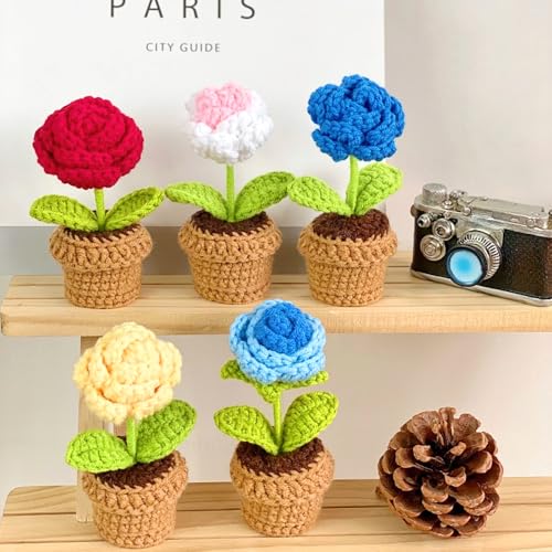 Lutoku Cute Knitted Flower Plant, Kawaii Handmade Crochet Flowers,Small Potted Artificial Flower Plants, Desk Home Car Dashboard Decorations (Rose-red) - Image 3