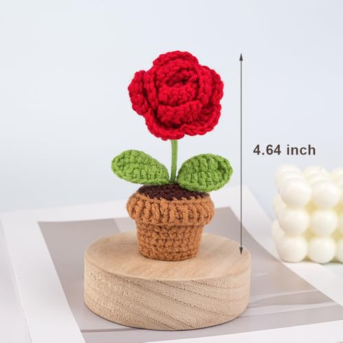 Lutoku Cute Knitted Flower Plant, Kawaii Handmade Crochet Flowers,Small Potted Artificial Flower Plants, Desk Home Car Dashboard Decorations (Rose-red) - Image 2