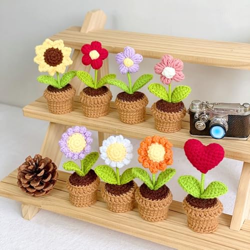 Lutoku Cute Knitted Flower Plant, Kawaii Handmade Crochet Flowers,Small Potted Artificial Flower Plants, Desk Home Car Dashboard Decorations (Rose-red) - Image 5