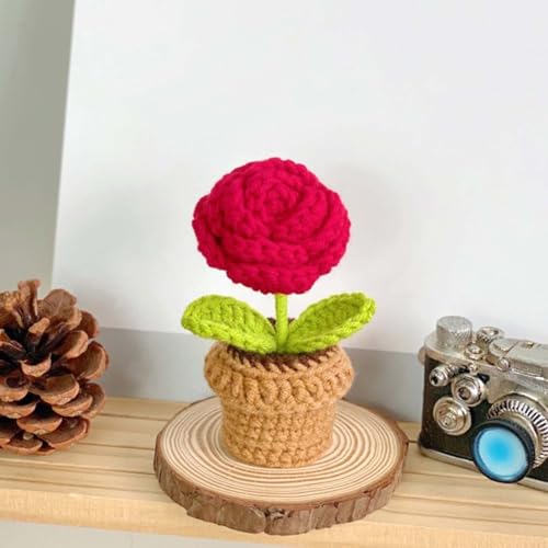 Lutoku Cute Knitted Flower Plant, Kawaii Handmade Crochet Flowers,Small Potted Artificial Flower Plants, Desk Home Car Dashboard Decorations (Rose-red) - Image 1
