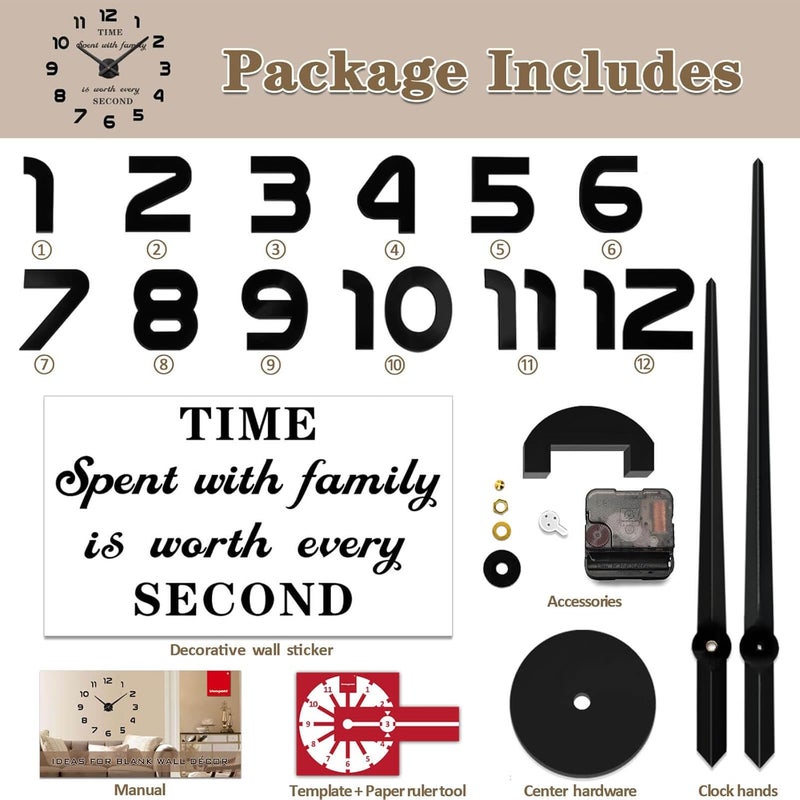 VANGOLD Large Wall Clocks for Living Room Decor, DIY Wall Clock Modern 3D Wall Clock with Mirror Numbers Stickers forHome Office Decorations Ideas Living Room Wall Decor(Black) - Image 5
