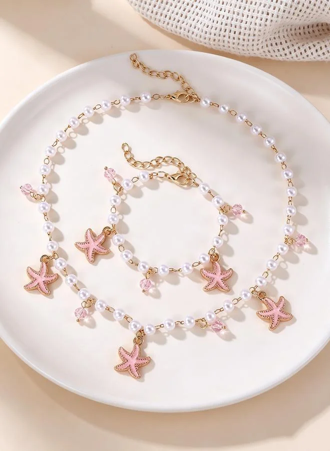 Take Two  Girls Pink Starfish and Pearl Charms Necklace and Bracelet Set for Women | Best Price UAE