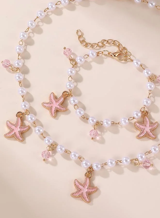 Girls Pink Starfish and Pearl Charms Necklace and Bracelet Set