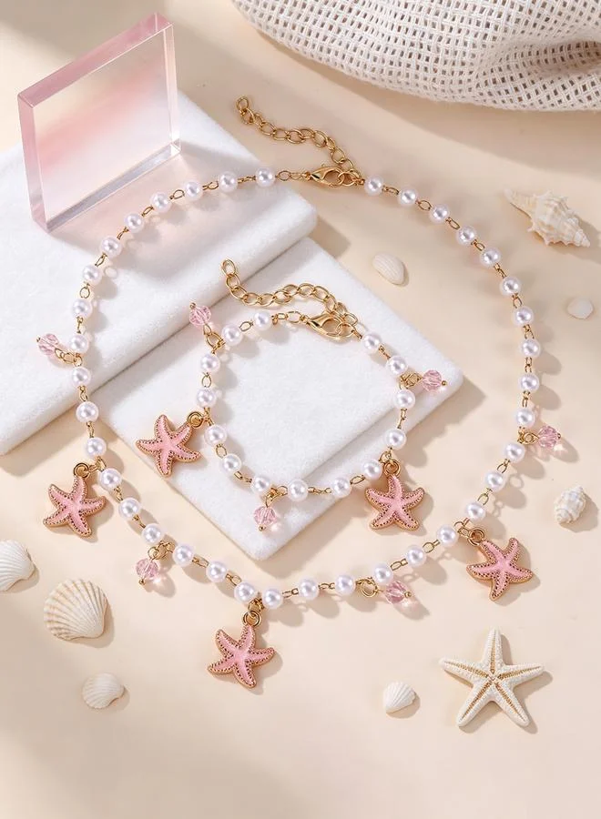 Take Two  Girls Pink Starfish and Pearl Charms Necklace and Bracelet Set for Women | Best Price UAE