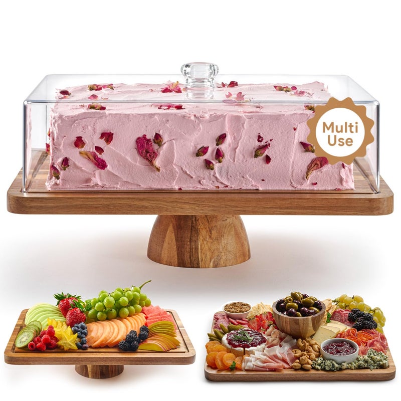 HOMESPHERE Acacia Wood Cake Stand with Lid Rectangular Cake Holder 2in1 Dessert Table Display Set Charcuterie Board for Cheese Chips Fruit Platter Large Acrylic Cake Dome Cover No Glass