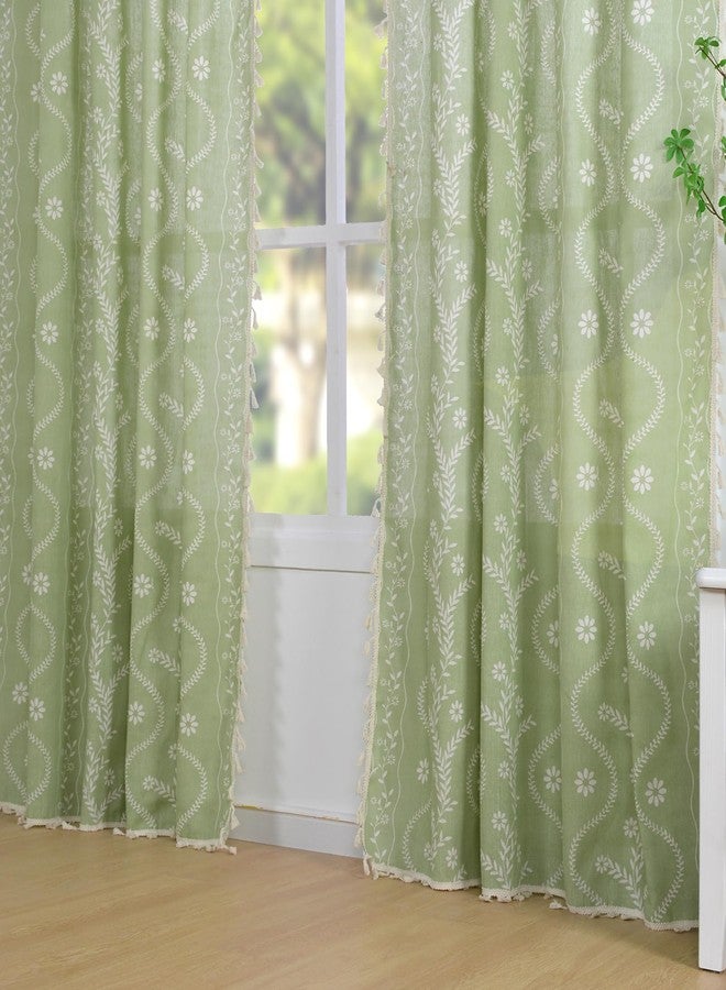 Schweek Sage Green Curtains for Living Room, Boho Semi Sheer Floral Curtains 84 Inches Length 2 Panels, Vintage Farmhouse Printed Patterned Curtains Tassels Country Curtains Drapes - Image 2