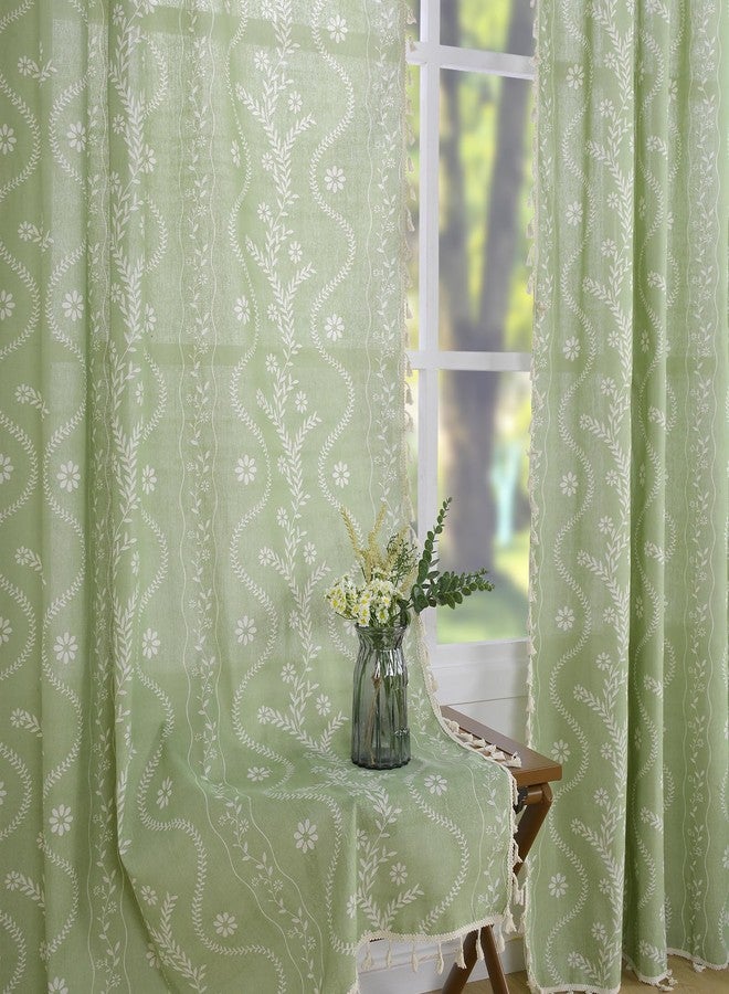 Schweek Sage Green Curtains for Living Room, Boho Semi Sheer Floral Curtains 84 Inches Length 2 Panels, Vintage Farmhouse Printed Patterned Curtains Tassels Country Curtains Drapes - Image 1