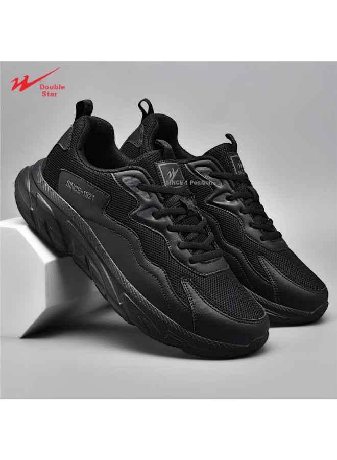 Shuangxing Men's Leather Water-repellent Running Shoes Black Casual Sports Travel Shoes Black Mesh Size 44