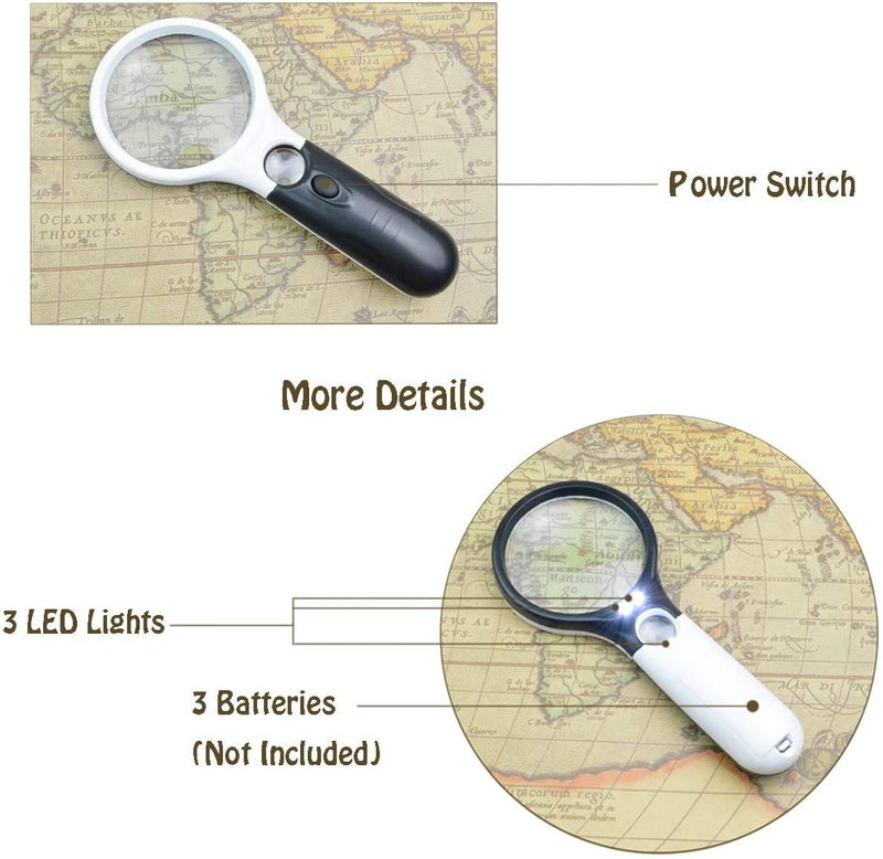 ZEBROC Magnifying Glass with Light, 3 LED Double Lens 3X & 45X Handheld Magnifier for Reading, Crafts, Coins, Stamps & Antique Jewelry – LED Magnifier for Seniors & Hobby Use (Black & White) - Image 4