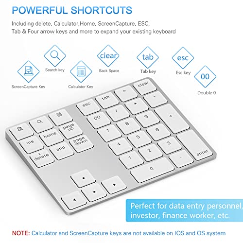 Lekvey Bluetooth Number Pad, Aluminum Rechargeable Wireless Numeric Keypad Slim 34-Keys External Numpad Keyboard Data Entry for Laptop, MacBook, MacBook Air/Pro, iMac, Windows, Surface Pro - Silver - Image 5