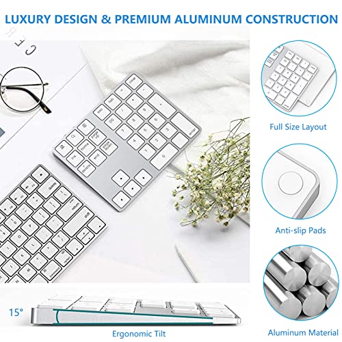 Lekvey Bluetooth Number Pad, Aluminum Rechargeable Wireless Numeric Keypad Slim 34-Keys External Numpad Keyboard Data Entry for Laptop, MacBook, MacBook Air/Pro, iMac, Windows, Surface Pro - Silver - Image 3