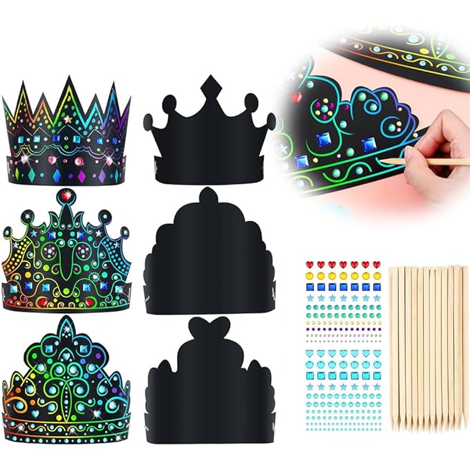 Crowns Set Scratch, 110 PCS DIY Scratch Paper Crowns, Rainbow Color Birthday Crown, with Colourful Jewels Stickers, Wooden Styluses, Elastic Bands, for Boys, Girls