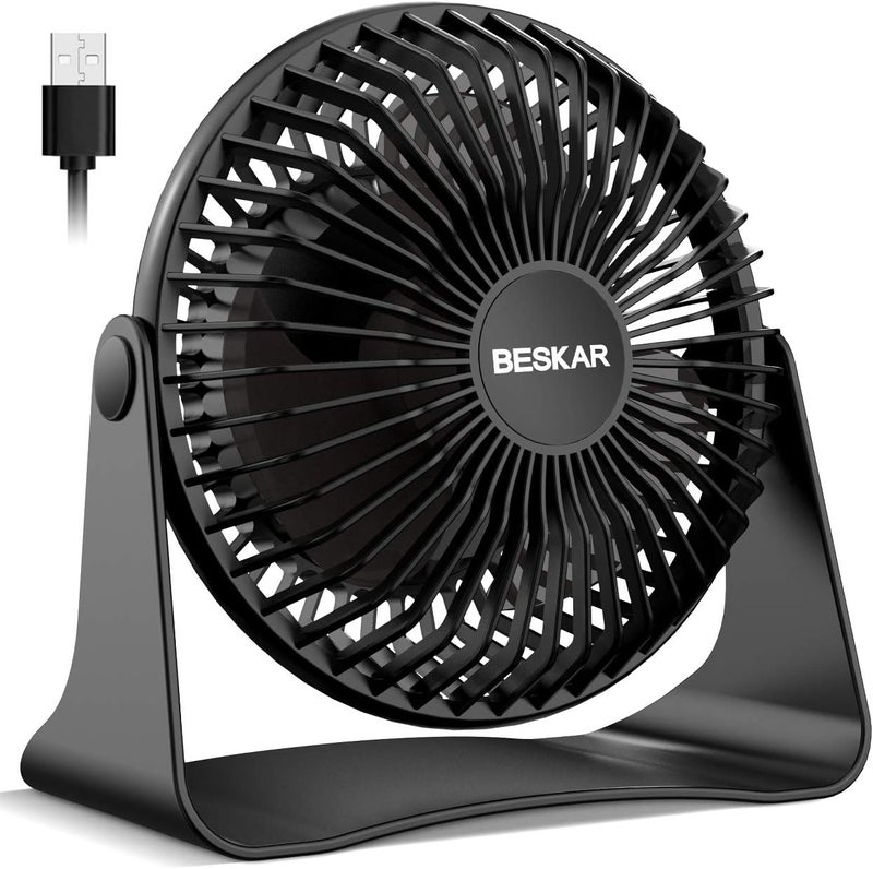 BESKAR مروحة مكتب صغيرة تعمل عبر USB، مروحات محمولة بسرعات 3 تدفق هواء قوي، تشغيل هادئ ودوران 360°، مروحة طاولة شخصية للمنزل، المكتب، غرفة النوم - سلك بطول 3.9 قدم - Image 1