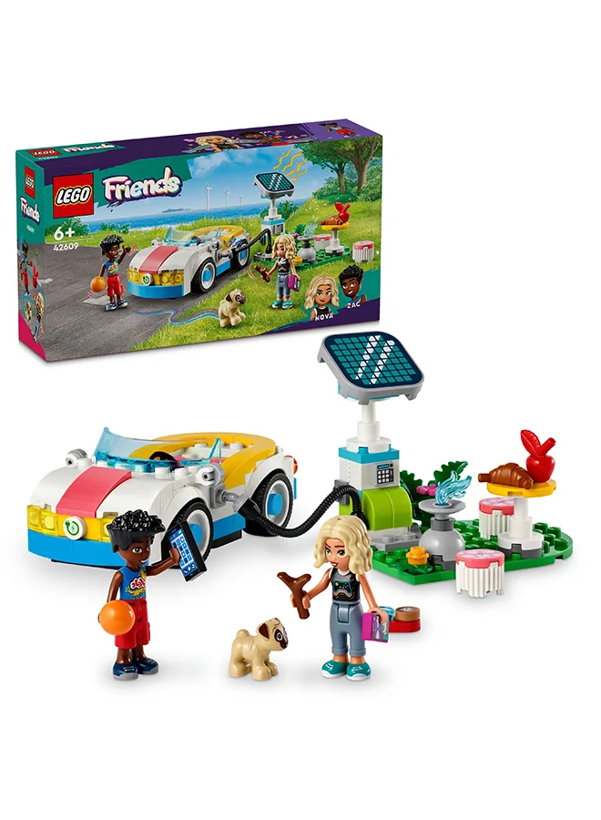 LEGO Friends Electric Car and Charger, Eco Vehicle Toy for 6 Plus Year Old Girls, Boys & Kids, Role-Play Adventure Set with Mini-Doll Characters Nova and Zac and a Pet Dog Figure Small Gift Idea 42609