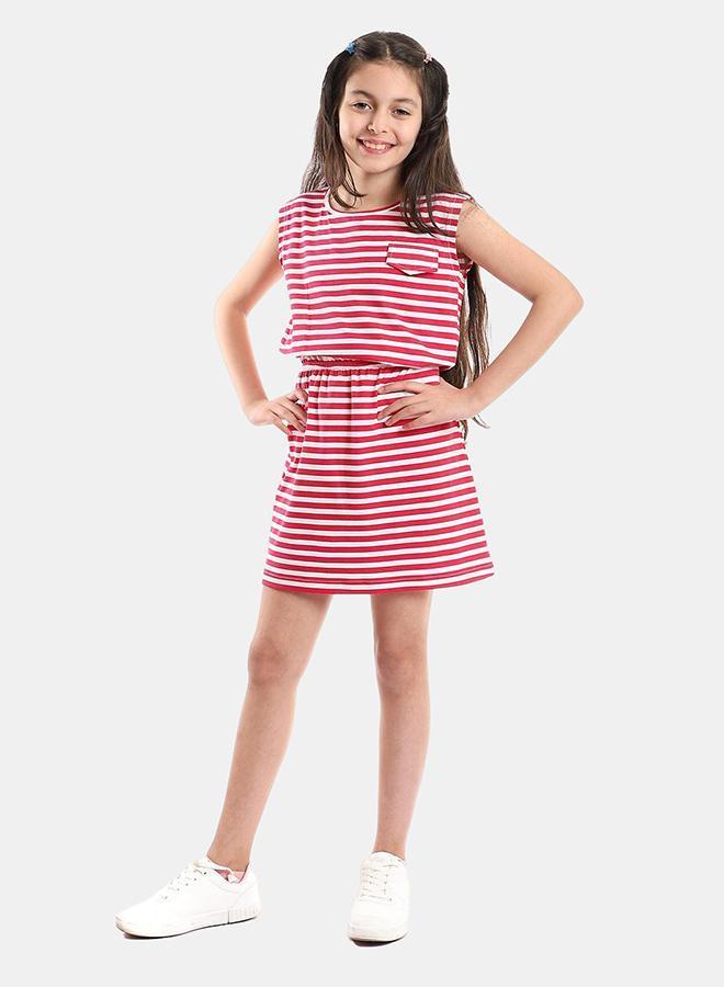 Kady Girls Cap Sleeves Elastic Waist Striped Dress Girls fushia 4 - Image 1