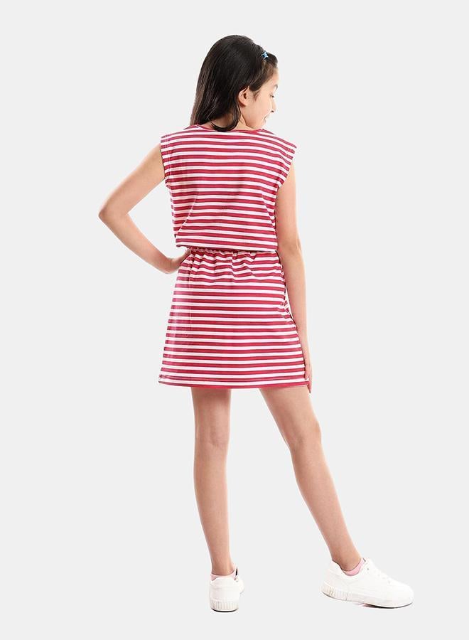 Kady Girls Cap Sleeves Elastic Waist Striped Dress Girls fushia 4 - Image 3