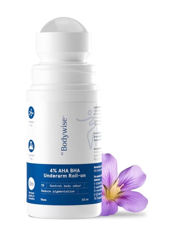 Be Bodywise 4% AHA BHA Underarm Roll on | With 2% Lactic Acid, 1% Mandelic Acid, 1% Salicylic Acid | Prevents Odour, Reduces Pigmentation | For Radiant Underarms | Suitable For Sensitive Skin | Flora 50ml - Image 1