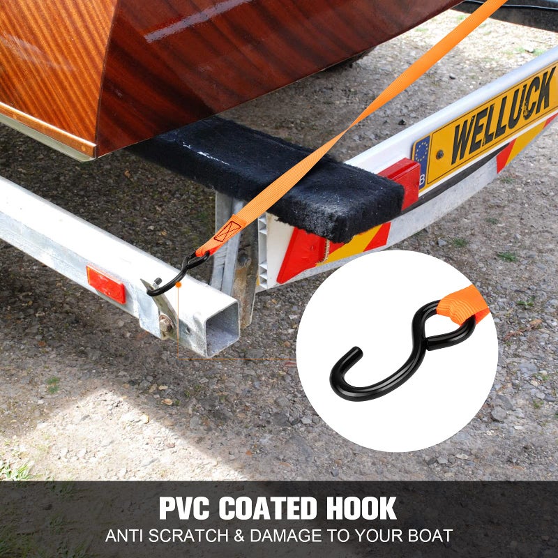 WELLUCK Boat Trailer Transom Tie Down Straps 2400 LBS, 1 Inch x 4 FT Heavy Duty Retractable Ratchet Straps Tie Downs to Trailer Marine Jet Ski Pontoon, with Quick Release Buckle & Anti-Scratch Hooks - Image 3