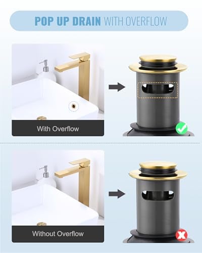 ALEASHA Bathroom Sink Drain with Overflow Vessel Sink Stopper, Pop Up Drain for Bathroom Sink Pop Up Drain Stopper for Hair Catcher, Brushed Gold - Image 5