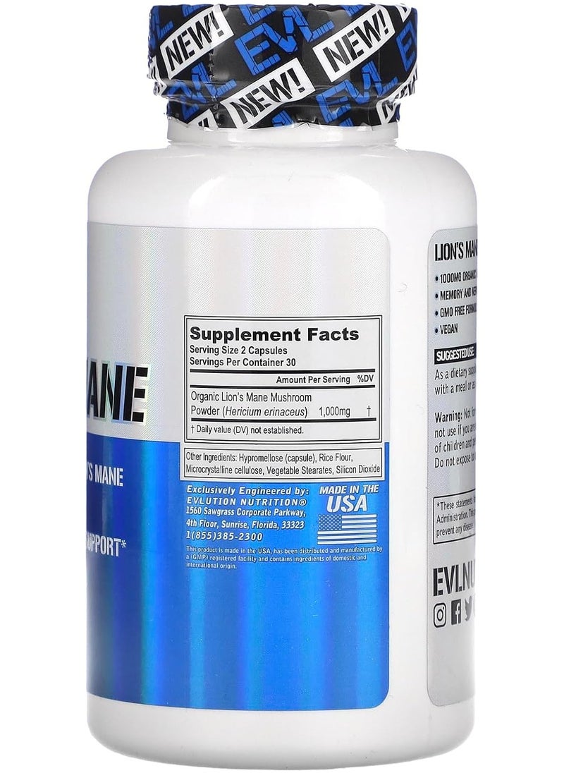 EVLUTION NUTRITION Supplements Lion's Mane 1000mg 60 Veggie Capsules  - Image 2