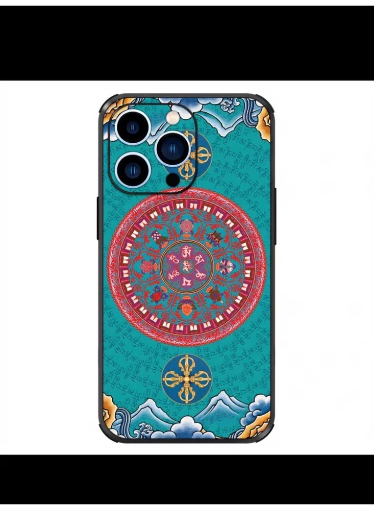 Tibetan Mandala & Mantra Pattern Phone Case, Faux Leather Shockproof Cover for iPhone
