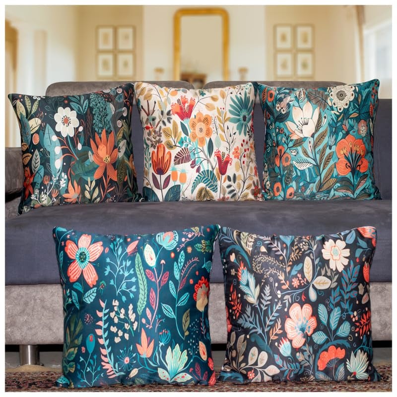 Vendola Decorative Satin 250TC Sofa Cushion Pillow Covers, Multicolor, Set of 5 Floral Cushion Covers(Foliso,24x24 Inches) - Image 1