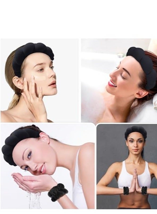 ليالي عصابة رأس سبا لغسل الوجه، مجموعة عصابة رأس للمكياج وسوار معصم، عصابة رأس غير قابلة للانزلاق لغسل الوجه، عصابة رأس من قماش تيري للنساء والفتيات، عصابة رأس إسفنجية منتفخة للعناية بالبشرة باللون الأسود - Image 3