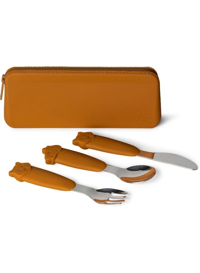 Citron Silicone Cutlery Set With Pouch Caramel Eco-Friendly Utensils For On-The-Go Dining - Image 1