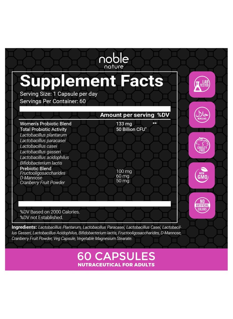 noble nature - Probiotics for Women - PH Balance, Digestive, UT, & Feminine Health - 50 Billion CFU - 6 Unique Strains for Women - Organic Prebiotics, Cranberry Extract - 60 Delayed Release Veg Capsules - Image 1