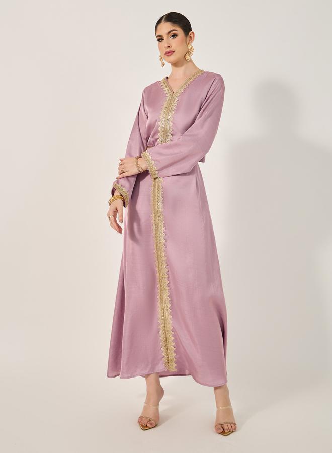 Styli Embroidered V-Neck Belted A-Line Kaftan - Image 2