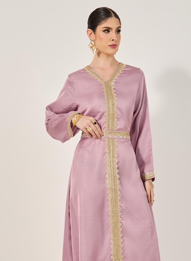 Styli Embroidered V-Neck Belted A-Line Kaftan - Image 3