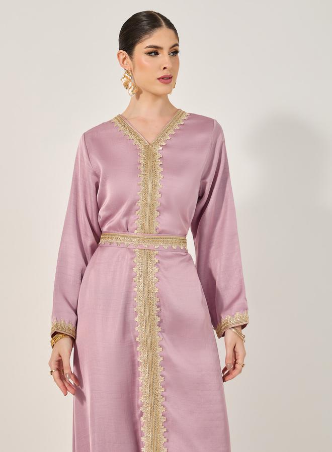 Styli Embroidered V-Neck Belted A-Line Kaftan - Image 4
