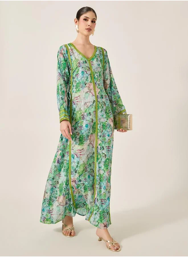 Maxim Creation Printed Lace Detail V-Neck A-Line Kaftan