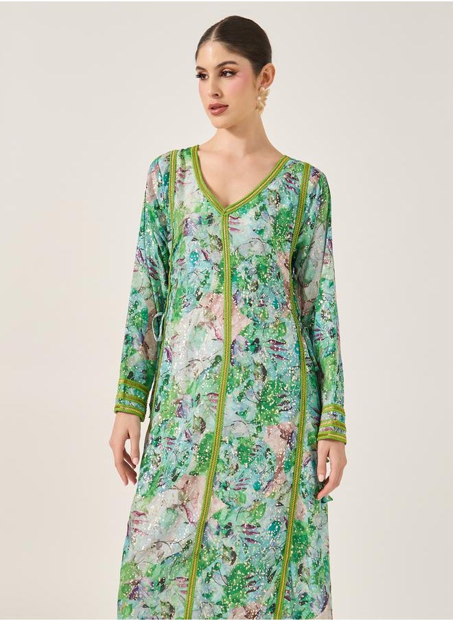 Maxim Creation - Printed Lace Detail V-Neck A-Line Kaftan by Styli - Image 1
