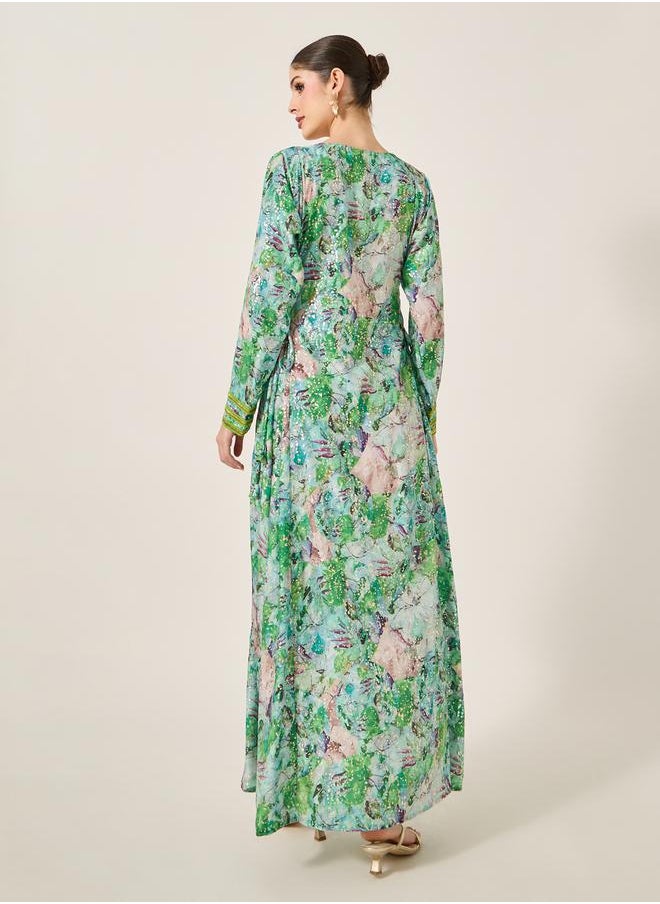Maxim Creation - Printed Lace Detail V-Neck A-Line Kaftan by Styli - Image 1