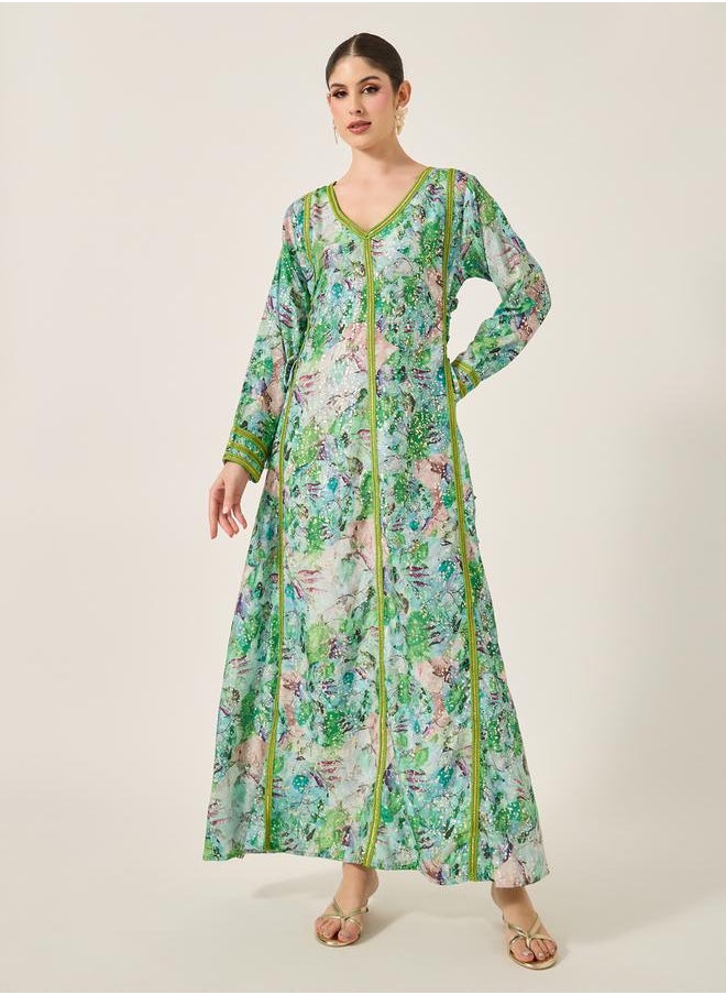 Maxim Creation - Printed Lace Detail V-Neck A-Line Kaftan by Styli - Image 1