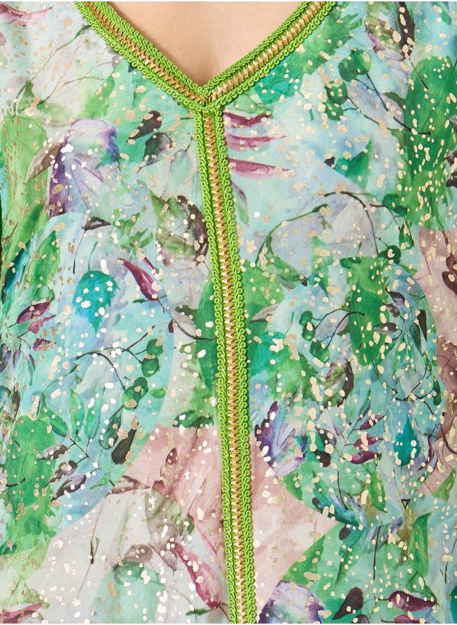 Maxim Creation - Printed Lace Detail V-Neck A-Line Kaftan by Styli - Image 1