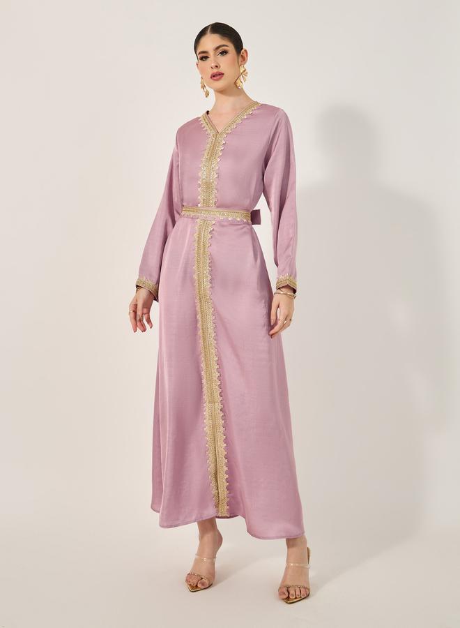 Styli Embroidered V-Neck Belted A-Line Kaftan - Image 1