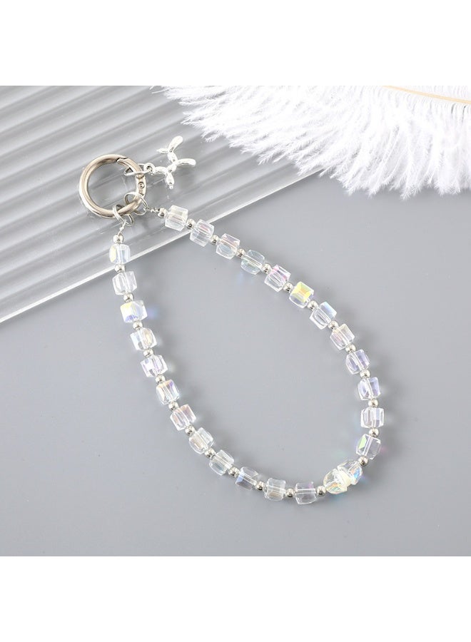 NIBEMINENT Beaded Phone Lanyard, Anti Lost Removable Wrist Strap, Square Crystal Bracelet Pendant, Phone Keychain Lanyard,K3179/White