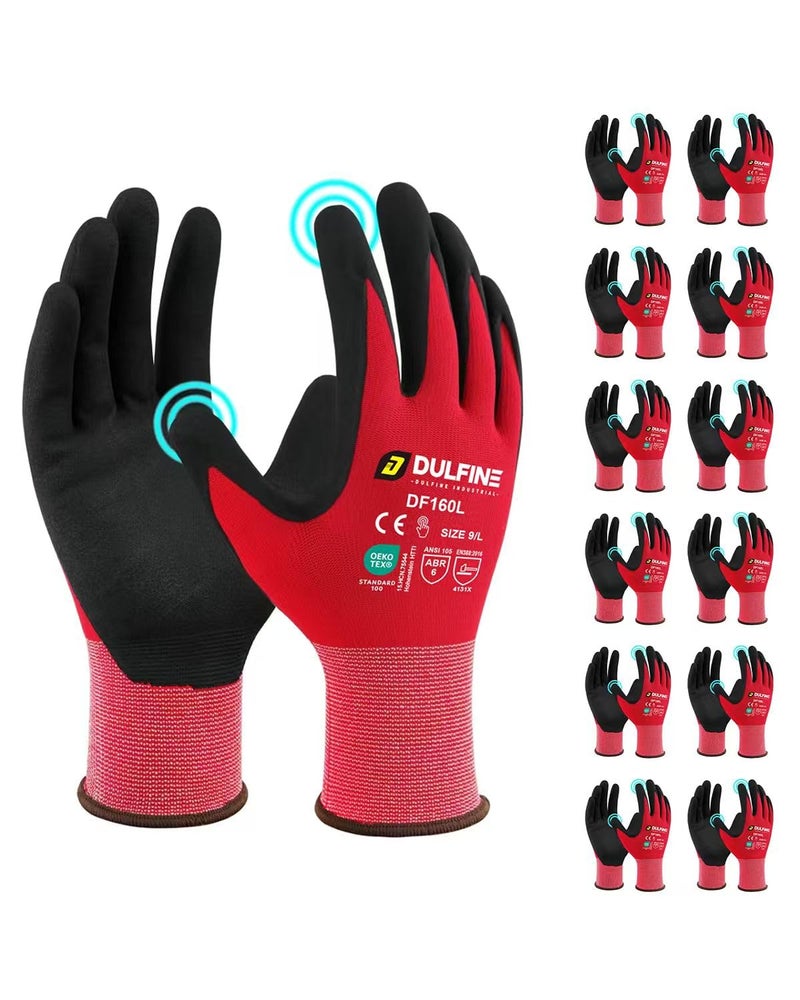 DULFINE Safety Work Gloves MicroFoam Nitrile Coated-12 Pairs Pack,Red Seamless Knit Nylon Glove with Black Micro-Foam Nitrile Grip,Ideal for General Purpose,Automotive,Home Improvement,Painting(Medium) - Image 1