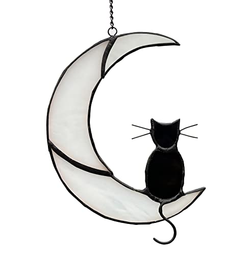 Zuajiter Black Cat Decor On White Moon Stained Glass Window Hanging Suncatcher for Windows Panels Sun Catcher Halloween Ornament Decoration Memorial Gift for Lover Cat Loss - Image 1