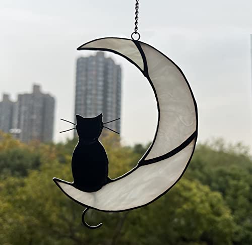 Zuajiter Black Cat Decor On White Moon Stained Glass Window Hanging Suncatcher for Windows Panels Sun Catcher Halloween Ornament Decoration Memorial Gift for Lover Cat Loss - Image 3