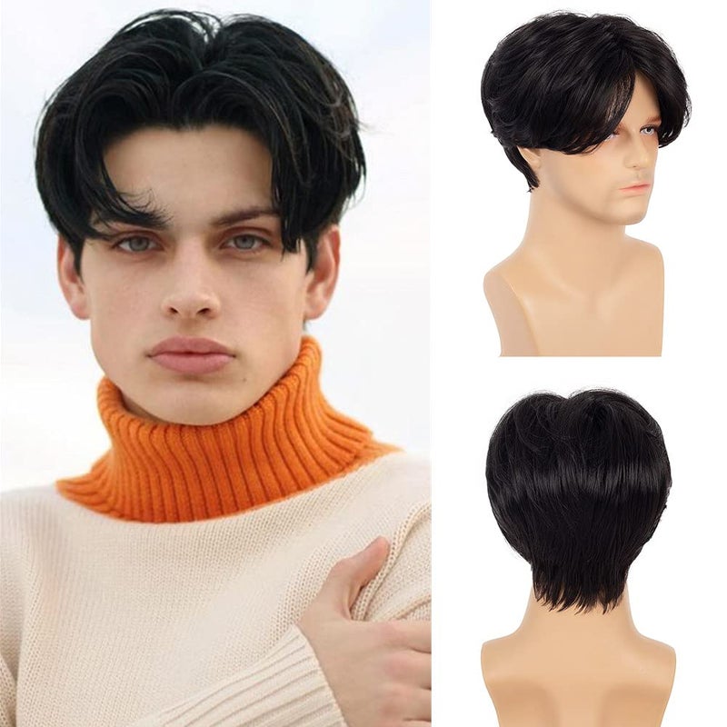 Swiking Men Wigs Short Black Straight Middle Part Synthetic Hair for Male Guy Daily Cosplay Party Wigs with Cap Black