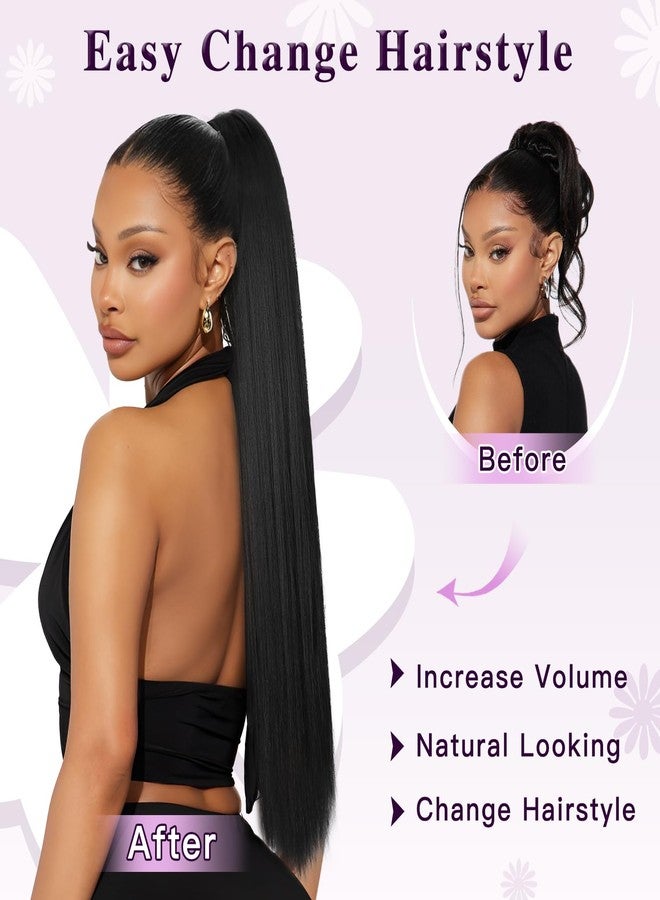 أتش أم دي وصلة شعر ذيل حصان من HMD، ذيل حصان طويل مستقيم برباط، قطع شعر صناعية ناعمة طبيعية بمشبك للنساء - Image 4