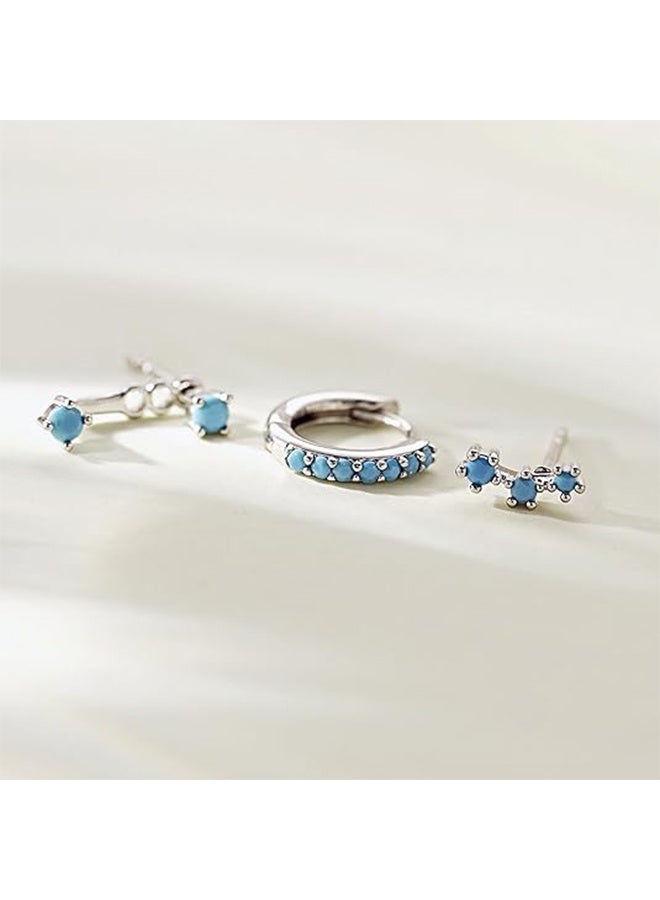 ليمون طقم أقراط دائرية صغيرة من 3 أزواج، مرصعة بأحجار الزركونيا المكعبة الفيروزية، مع غضروف للأذن للنساء. - Image 5